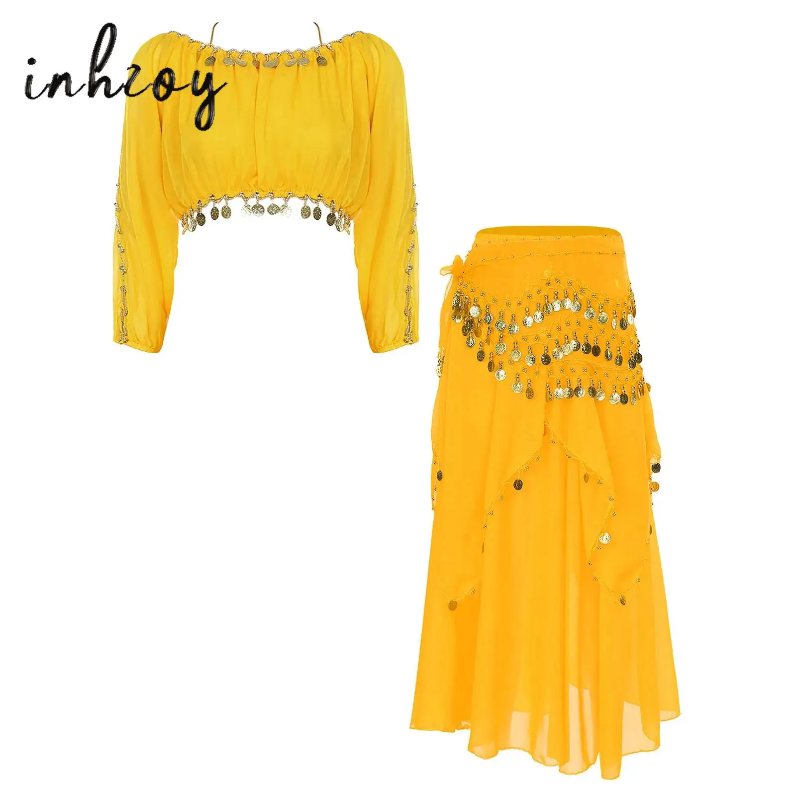

Womens 3pcs Belly Dance Outfits Suit Off Shoulder Long Puff Sleeve Crop Tops Asymmetrical Chiffon Skirt with Tassel Waist Chain