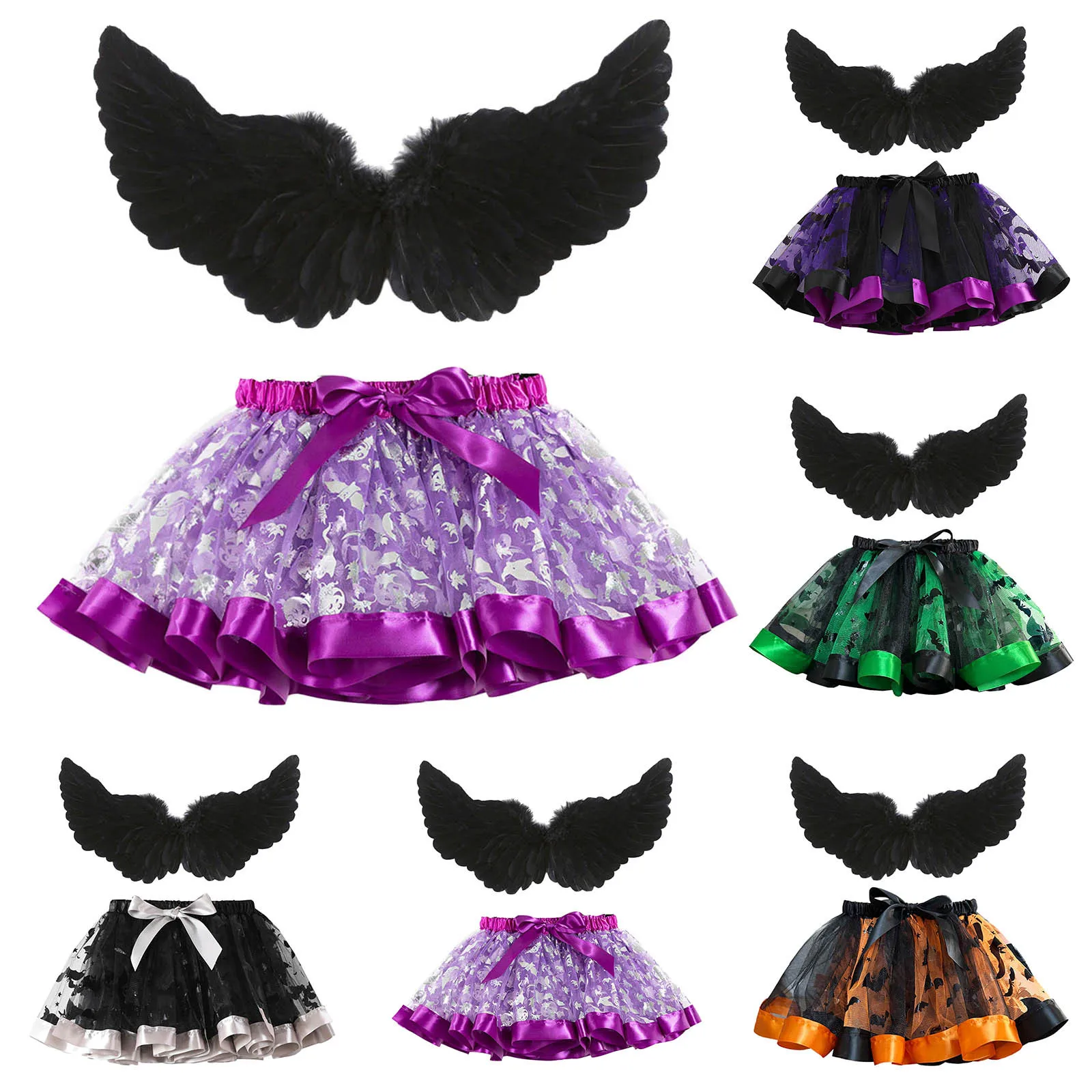 Halloween Kids Girls Ballet Skirts Halloween Costume Party Patchwork Tulle Dance Skirt With Wing Outfits Kid Princess Ballet Set