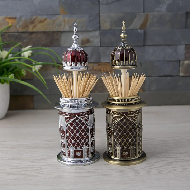 Europe Bulding Modle Automatic Press Type Metal Toothpick Box Tandenstoker Houder For Dinner Table Decoration TP04