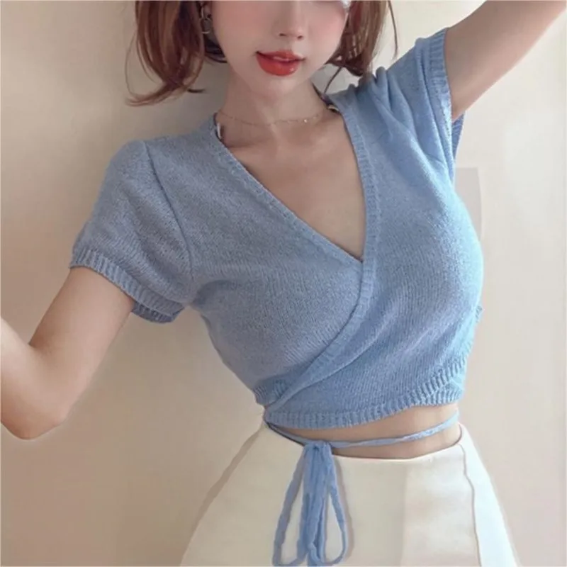 Polyester Spice Girls V-neck Pure Desire Short Slim-fit Tie Rope Short-sleeved Knitted Top Women Cardigan De Punto Para Mujer