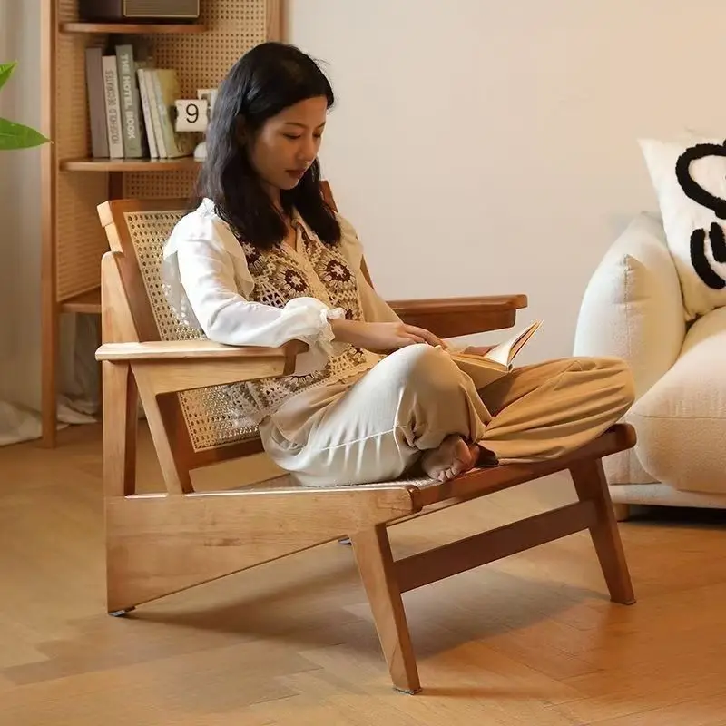 

rattan single kangaroo sofa chair home recliner bed and breakfast balcony medieval solid wood chair armrest Japanese style