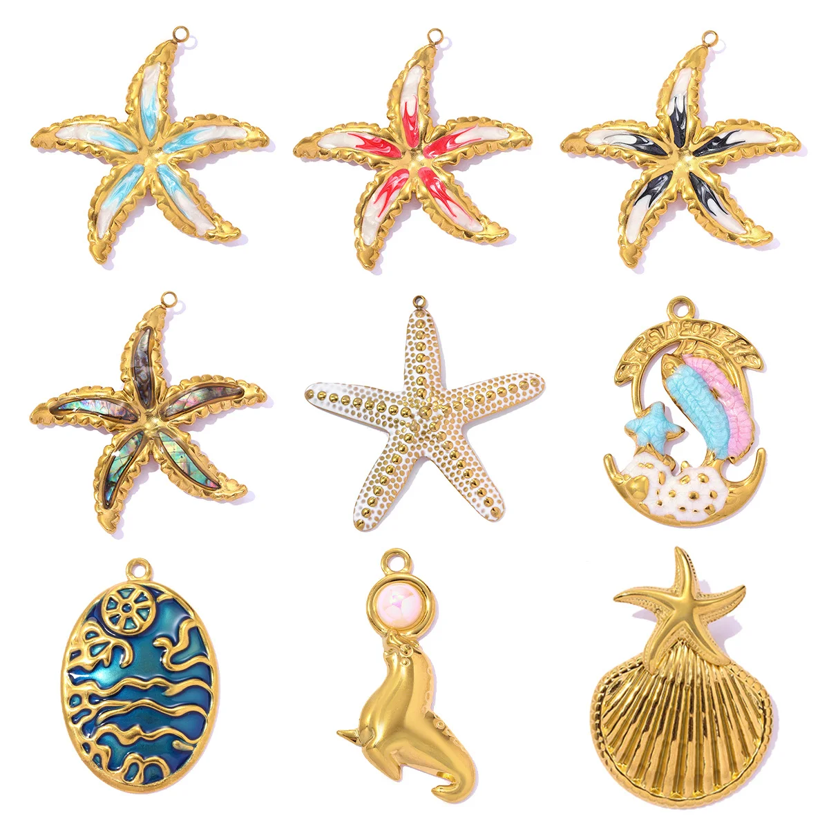 3pcs/Lot Fashion Stainless Steel Abalone Shell Flower DIY Earring Charms Starfish Necklace Pendants Woman Seal Fish Wholesale