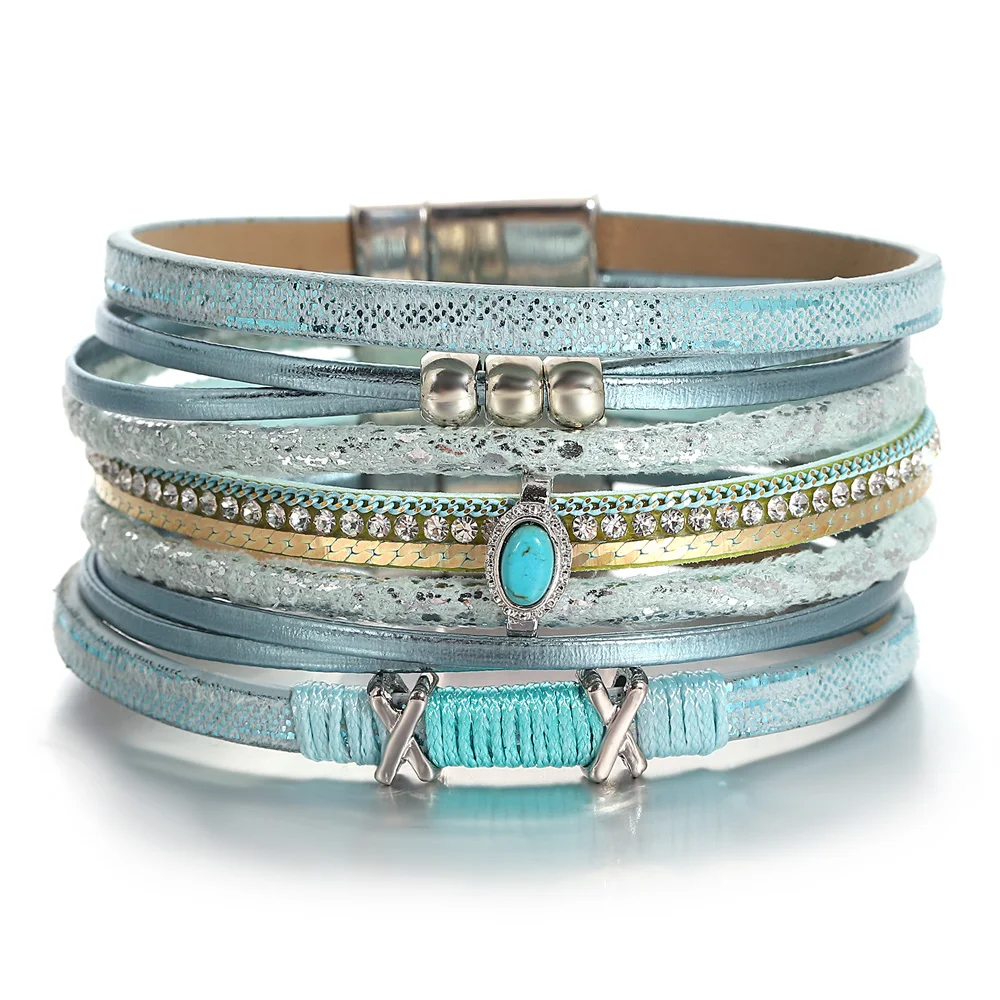 ALLYES Fashion Beads Cross Leather Bracelet for Women Men Chunky Rhinestone Chain Multilayer Wrap Wide Bracelets Party Jewelry