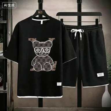 

Новый летний мужской комплект с короткими рукавами: модная повседневная футболка для активного отдыха и спортивные шорты, комплект из 2 предметов.