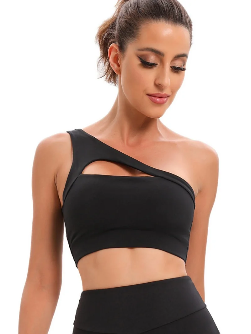 

Sexy Hollow out Single Shoulder Yoga Sports Bra Women's Fitness Running Sports Underwear Breathable Moisture Wicking Nylon