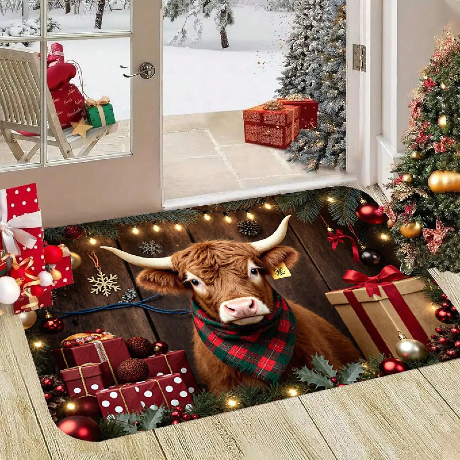 1pc Highland Cow Gift Pattern Printed Doormat, Soft And Comfortable Flannel Mat, Suitable For Indoor Entryways, Living Rooms, Bedrooms, Kitchens, Dining Rooms