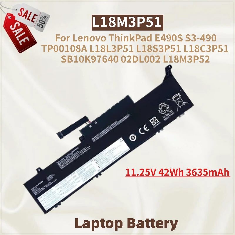 

New 11.25V 42Wh 3635mAh Laptop Battery L18M3P51 For Lenovo ThinkPad E490S S3-490 TP00108A L18L3P51 L18S3P51 L18C3P51 L18M3P52