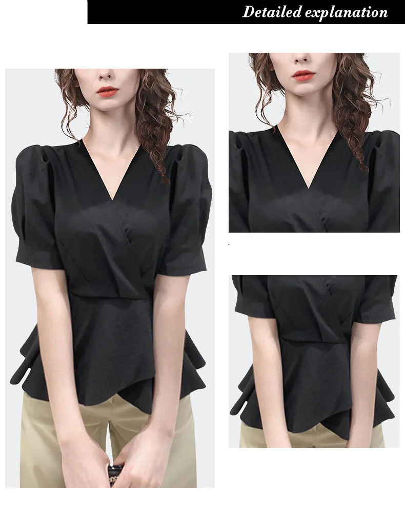 Elegant Women Summer Puff Sleeve Shirt Solid Color Crossed V-Neck Patchwork Slim Top Fashion Chic Skirted Tunic Shirts