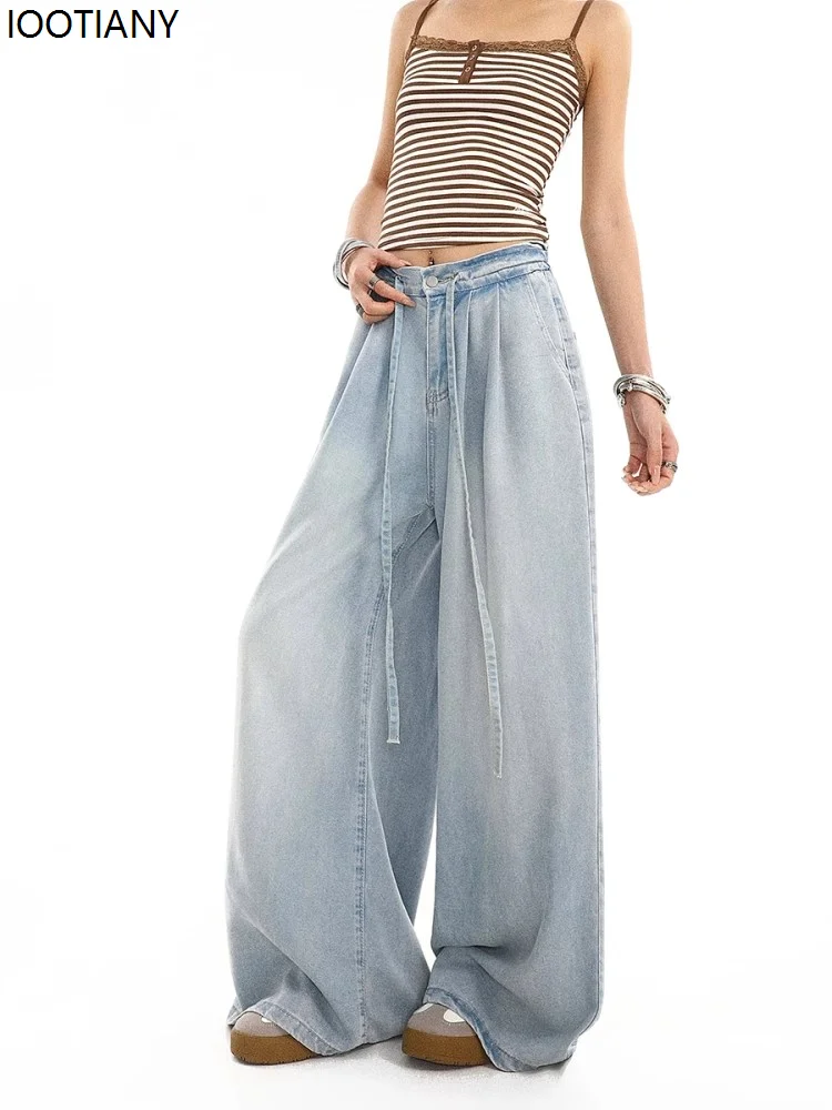 2025 Summer New Style Drape Wide-leg Jeans Elastic All-match Trendy All-match Trousers Harajuku Style Women's Straight Jeans
