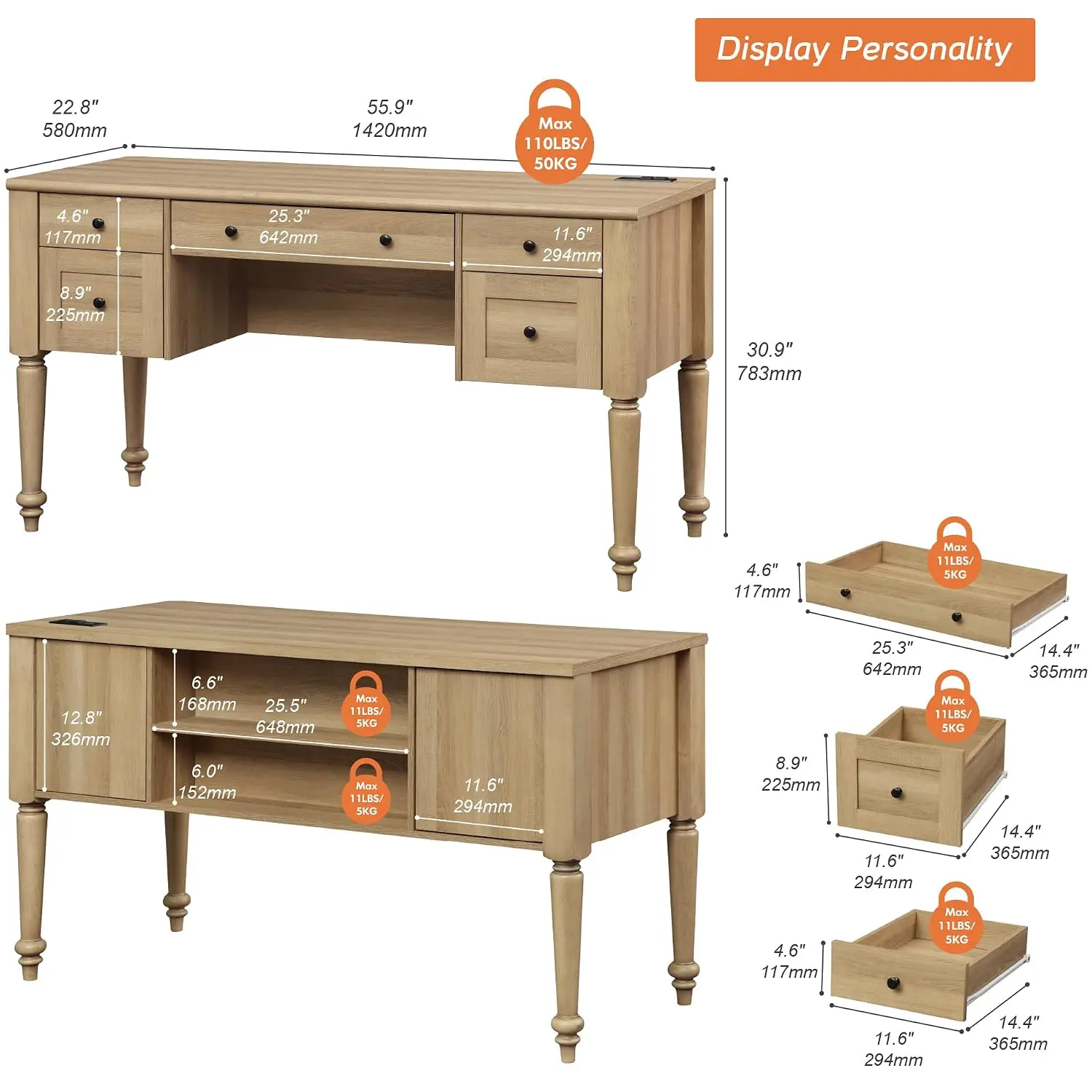 Farmhouse Executive Desk 56 Inch with Drawers, Charging Station, USB-C Port, 2 Cabinet & 2 Shelf, Solid Wood Legs, Customized