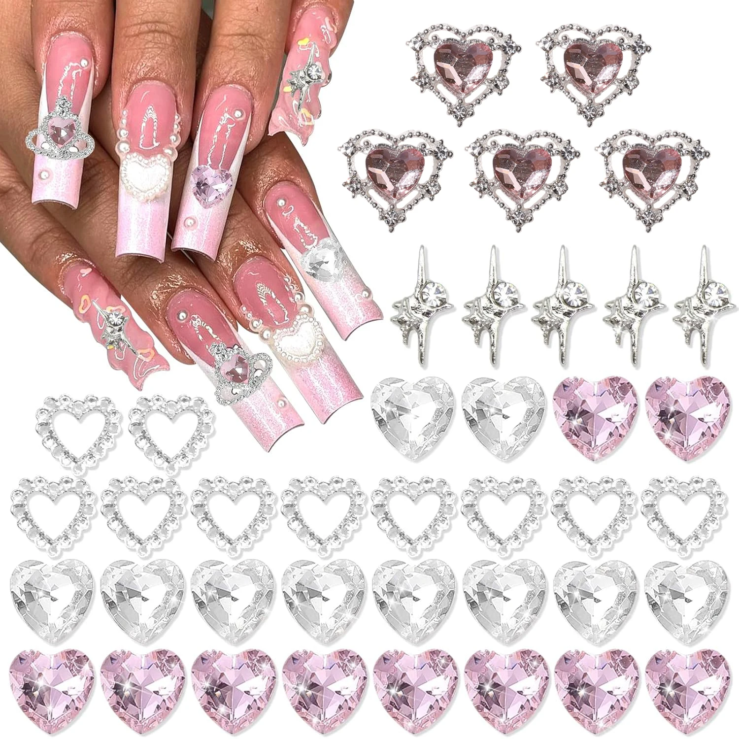 40PCS Pink Nail Charms 3D Heart Charms Valentine's Day Silver Starlight Nail Decorations Shiny Nail Gems Rhinestone Multi Style