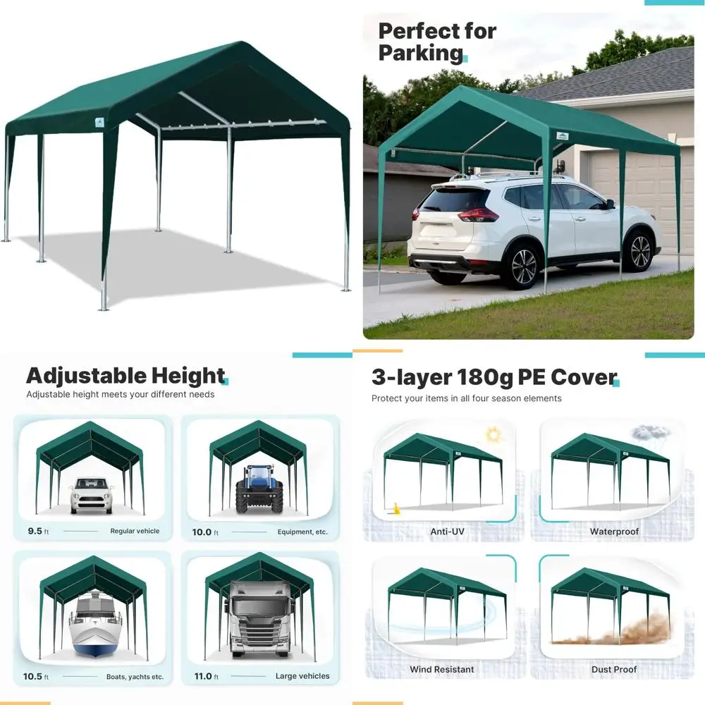 

Регулируемый 10x20 футов сверхмощный навес для автомобиля, гаражный навес для лодки, палатка для вечеринок, регулируемая высота от 9,5 футов до 11 футов, зеленый