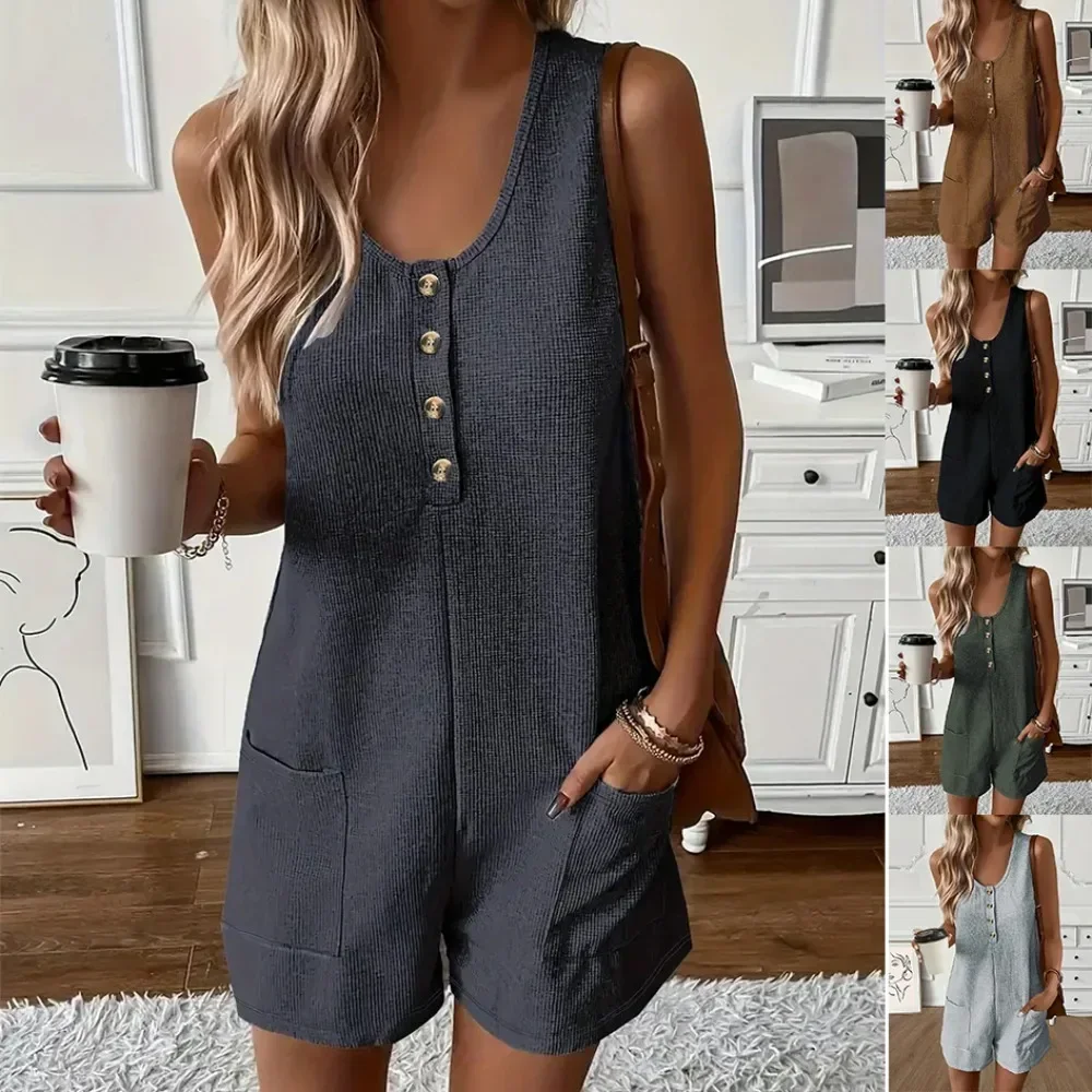 Women Summer Hot Sale Sleeveless Tank Jumpsuit Button Front With Pockets Casual Ladies One Piece Romper