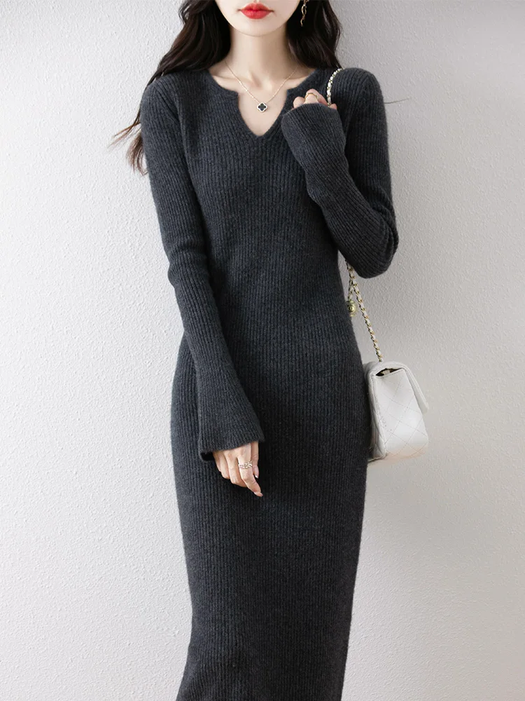 

Women V-neck Long Dress 100% Merino Wool Flare Sleeve Pullover Long Skirt Autumn Winter Slim Cashmere Knitwear Sweater Dresses