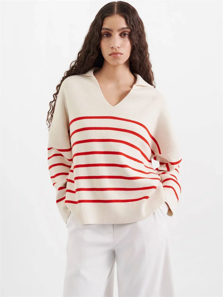 Knit Striped Sweater Long Sleeve Knitting V-Neck Pullovers Fall Winter Basic Tops For Women 2023 New In Knitwears Loose Sweaters