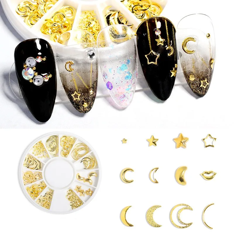 Hohl geformte Nagel kunst kleine runde Box Metall nieten Nail Art Dekorationen Gold 3d Stern Mond Nägel Charms Zubehör DIY Lieferungen