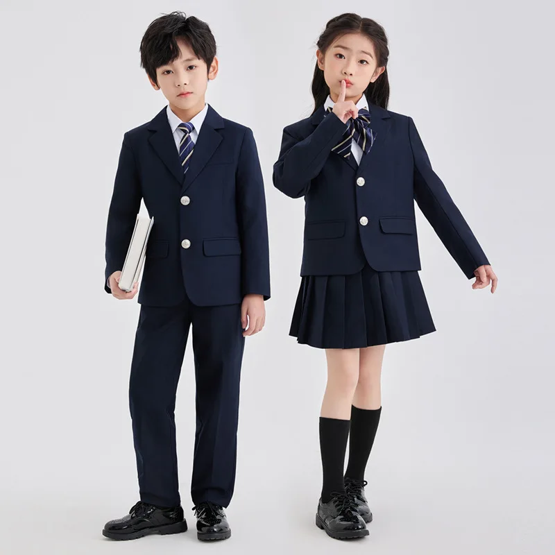 Children School Uniform Girls Jacket Pleated Skirts Suits Boys British Student Blazers Pants Kids Formal Dress Class Clothes Set
