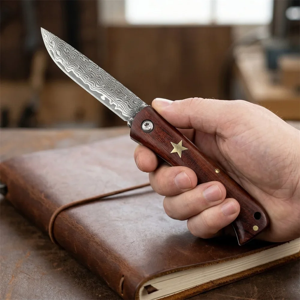 EDC Folding Pocket Knife, Premium Damascus Steel Blade Rosewood Handle Lightweight Portable Utility Tool for Camping Outdoor