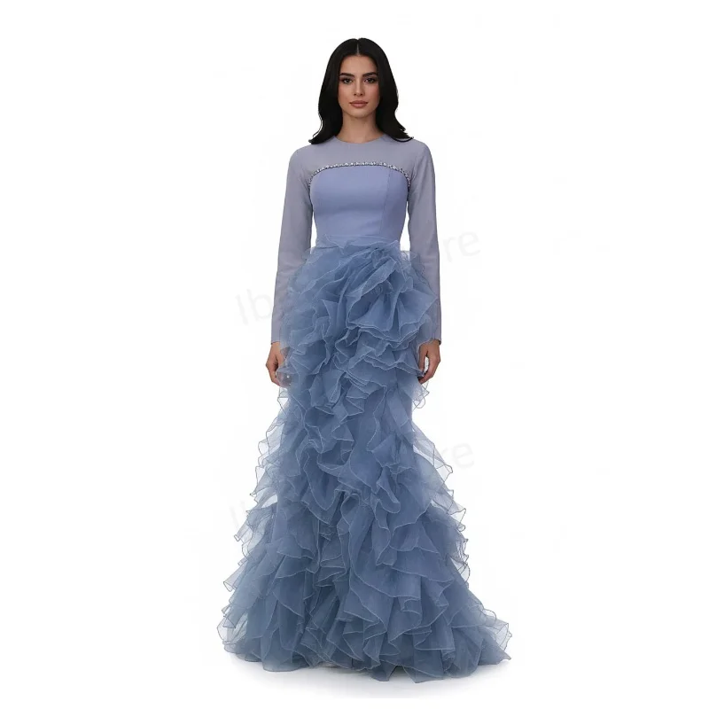 Maßgeschneidertes Abendkleid mit O-Ausschnitt für sexy Frauen, Rüschen, abgestufte Cocktailparty-Kleider mit Kristallverbindung, Meerjungfrau-Abschlussballkleider