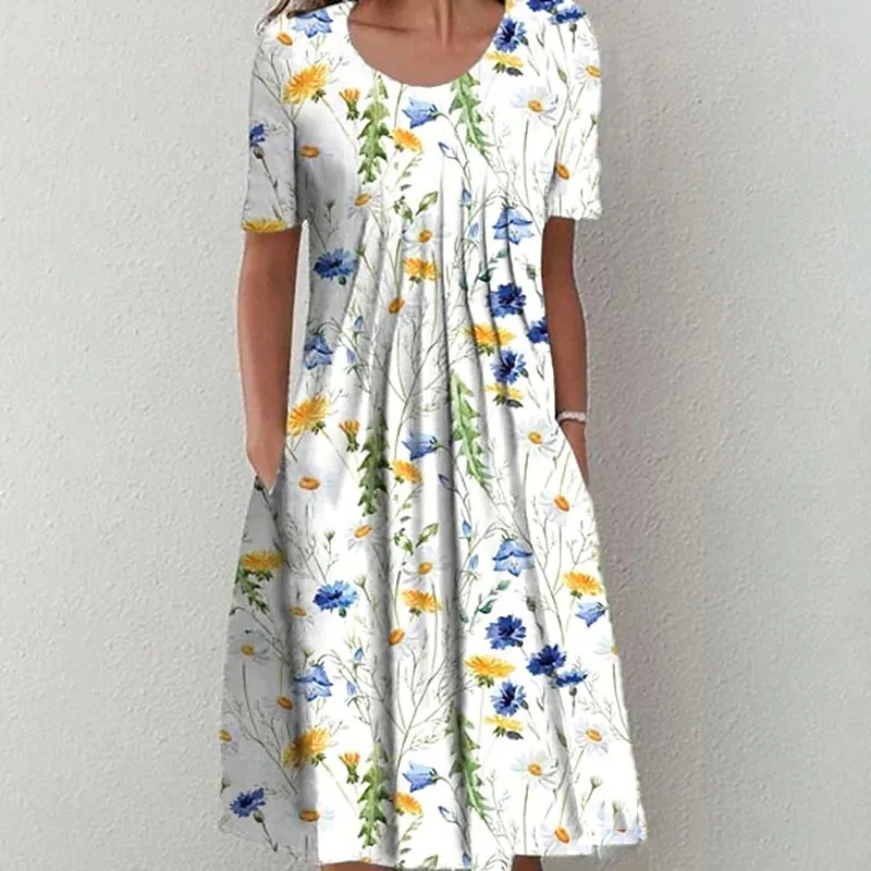 Vestido cómodo informal con estampado Floral de verano 2025, vestido de longitud media con bolsillo y cuello redondo para mujer, ropa de moda para mujer