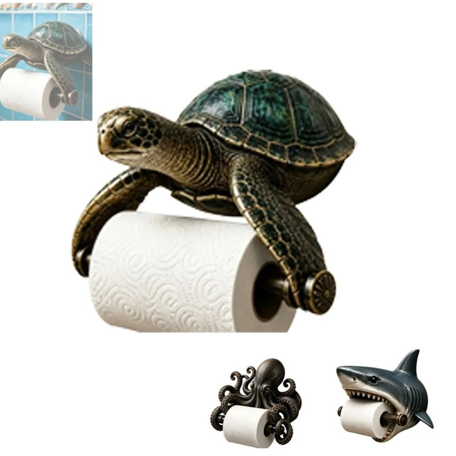 Ocean Guardians Toilet Paper Holder Series Cute Sea Turtle Wall Mount Resin Nautical Bathroom Decoration with Fun Marine Style