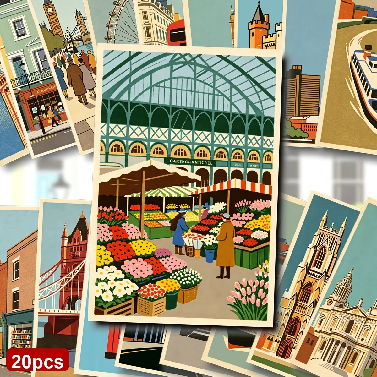 20PCS Retro London Postcard Set, UK Iconic Travel Landmark, Retro Illustration London Scene and UK City Landscape Series