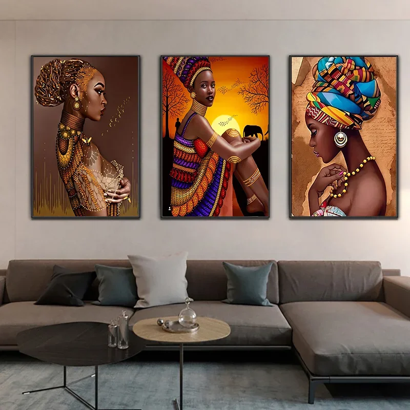 African Woman Canvas Painting Beautiful Black Women Wall Art Poster Modern Living Room Interior Aesthetic Picture for Home Decor
