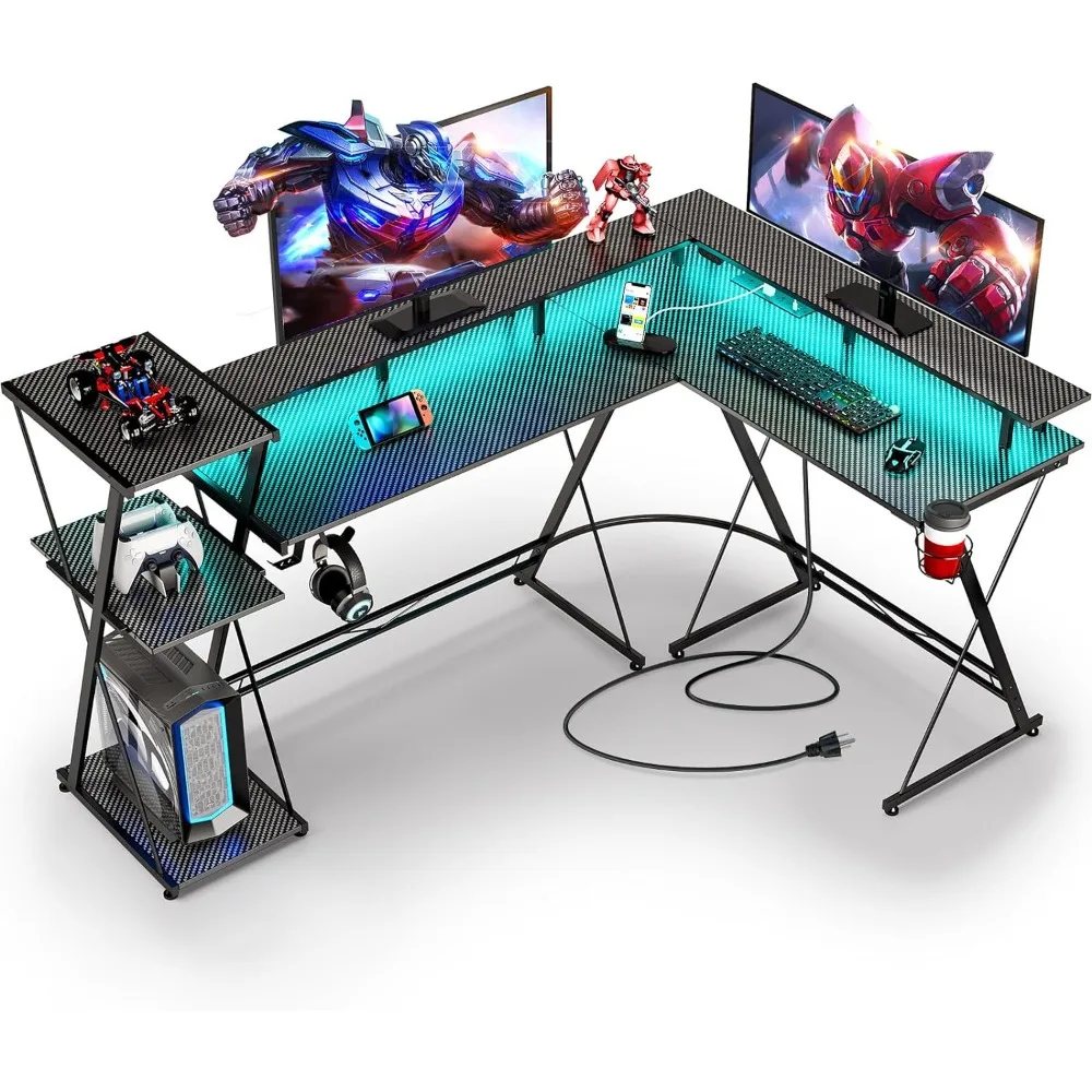 

L Shaped Gaming Desk with LED Lights & Power Outlets, 58” Reversible Computer Desk with Storage Shelf & Monitor Stand