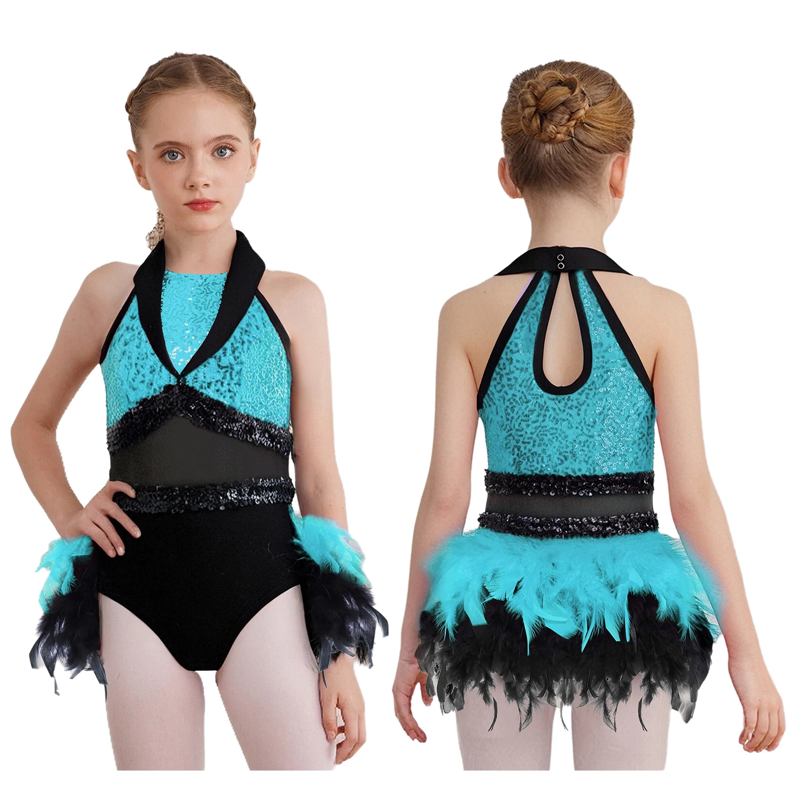

Teen Girls Feather Jazz Dance Dresses Sleeveless Mesh Shiny Sequins Leotard for Ballet Latin Figure Skating Performance Party