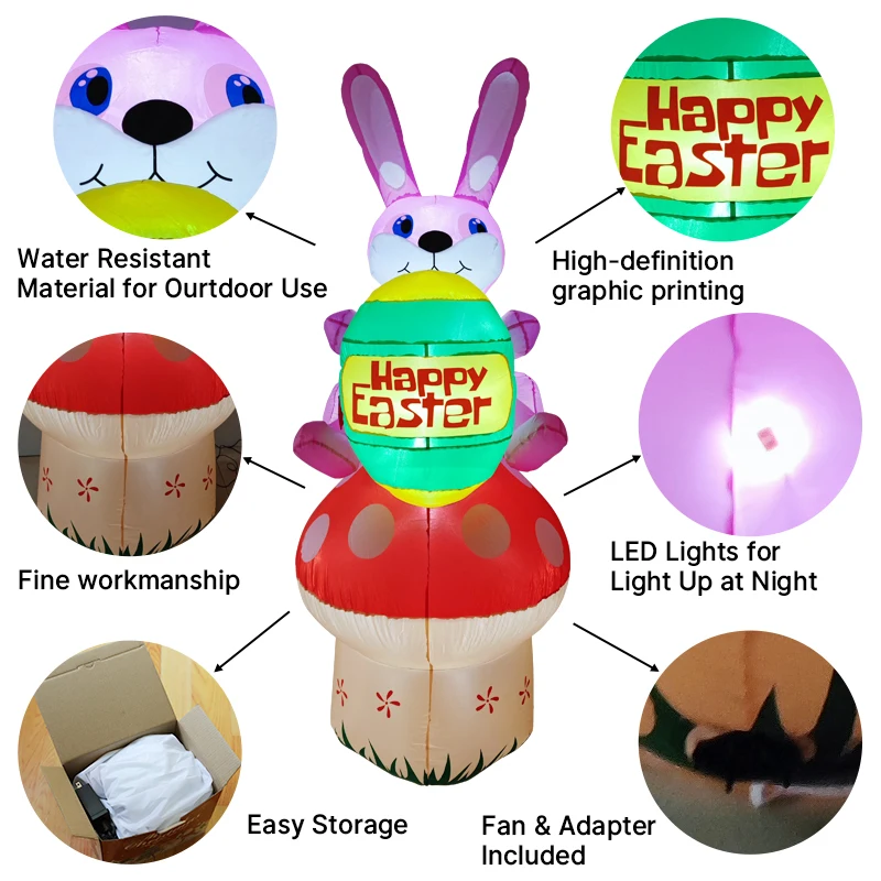 

7FTEaster надувной кролик сидит на грибах, декор, встроенный светодиодный светильник, воздушный, праздничный двор, пасхальный орнамент, пасхальный надувной светильник