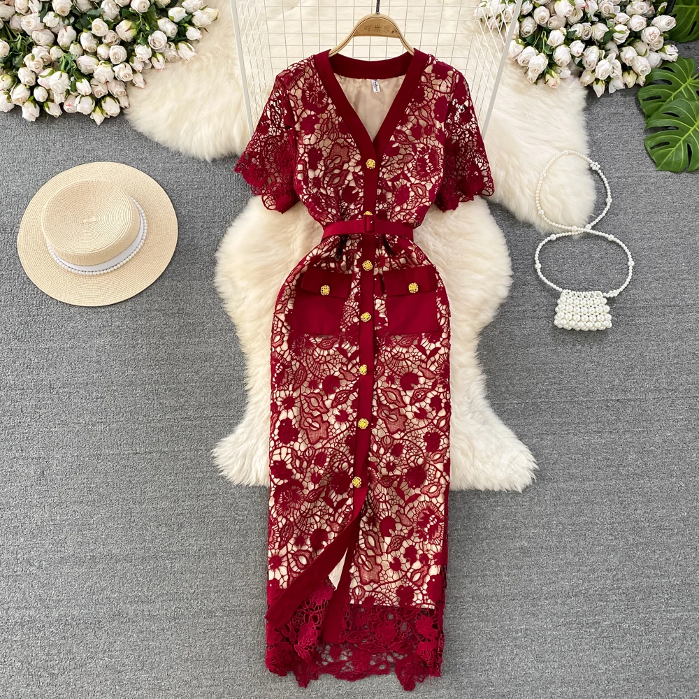 

Summer Luxury OL Professional Style Short Sleeve V-Neck Waist Slim Single Breasted Lace Wrap Hip Dress