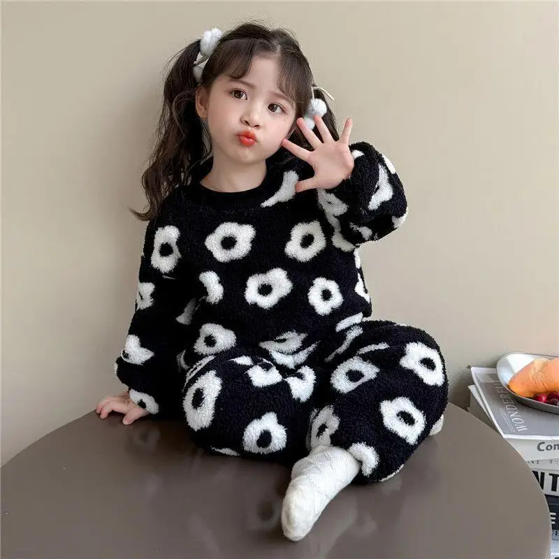 

Hot Girl Flannel Two-Piece Set Pullover Pants Autumn Winter Thicken Tops Child Kawaii Fashion New Style Casual Clothing Homewear