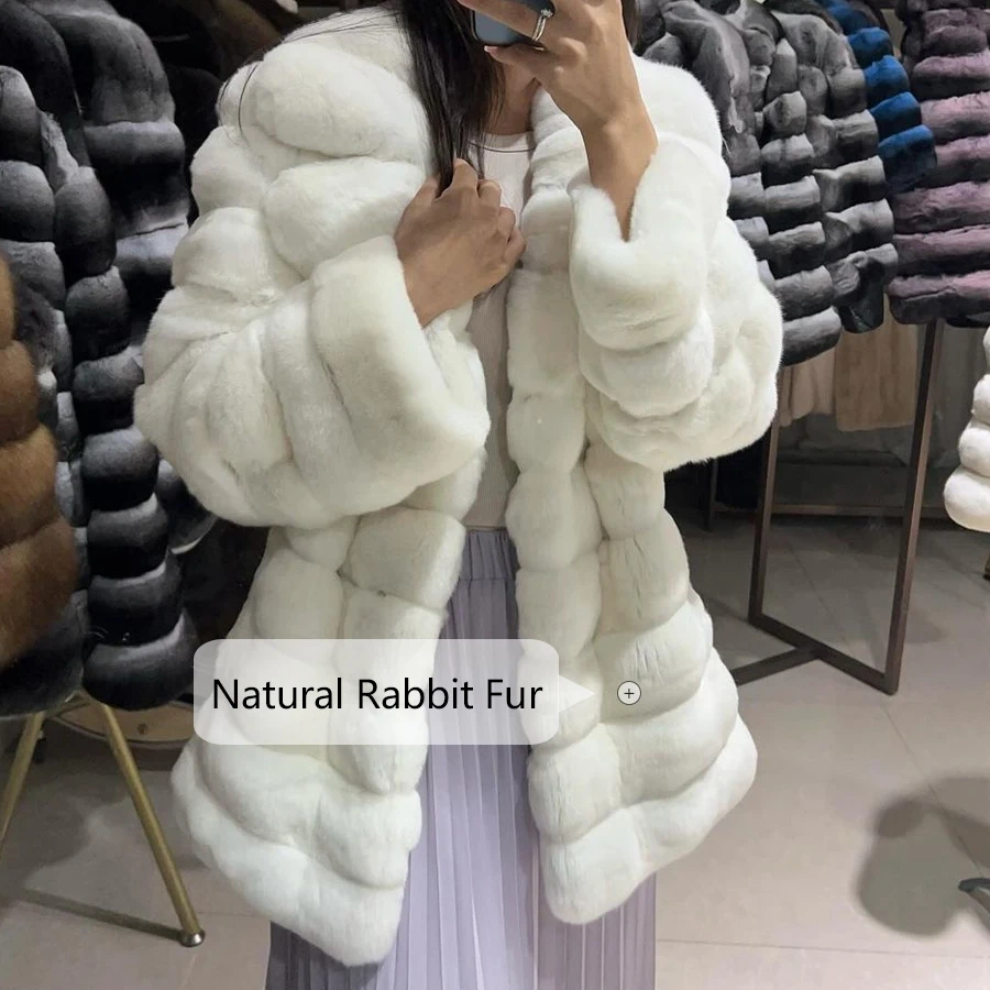 Real Fur Coats Womens White Fur Coat With Turndown Collar Rabbit Fur Jackets White Natural Fur Coats Womens