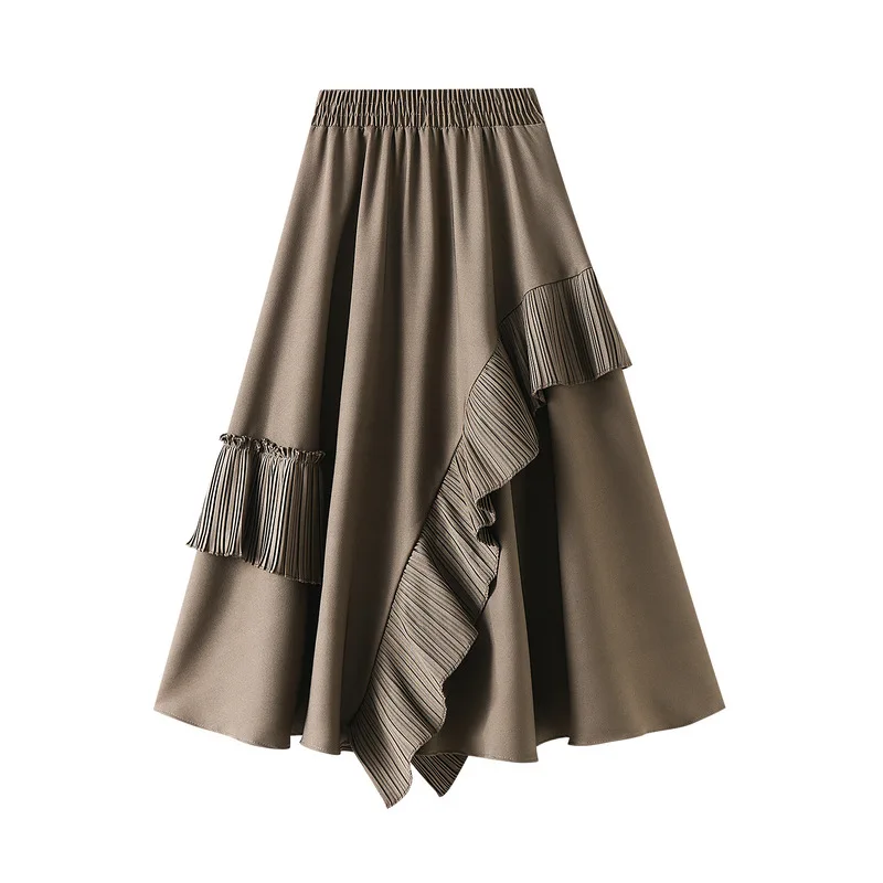 High Waist A-line Skirt Womens Fashion Korean Ruffles Midi Skirt Spring Summer 2022 Casual Beige Black Elegant Skirts