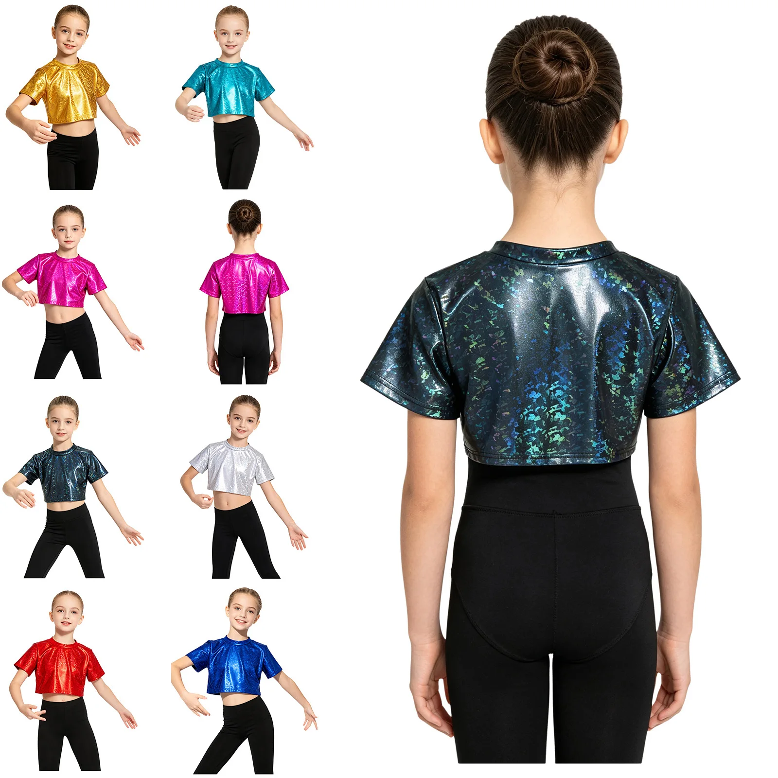 Kids Girls Boys Metallic Dance Party Performance Costume Round Neck Short Sleeve Disco T-shirt Jazz Modern Hip Hop Stage Clothes