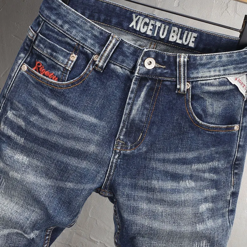 Fashion Designer Men Jeans High Quality Retro Blue Stretch Slim Fit Embroidery Patched Ripped Jeans Men Vintage Y2K Denim Pants