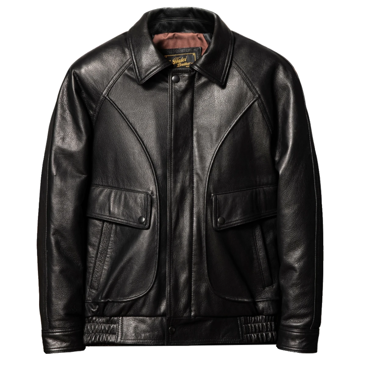 Men's Genuine Sheepskin Flight Jacket Black Leather Aviator Bomber Jacket Turn-Down Collar Zip-Up Coat