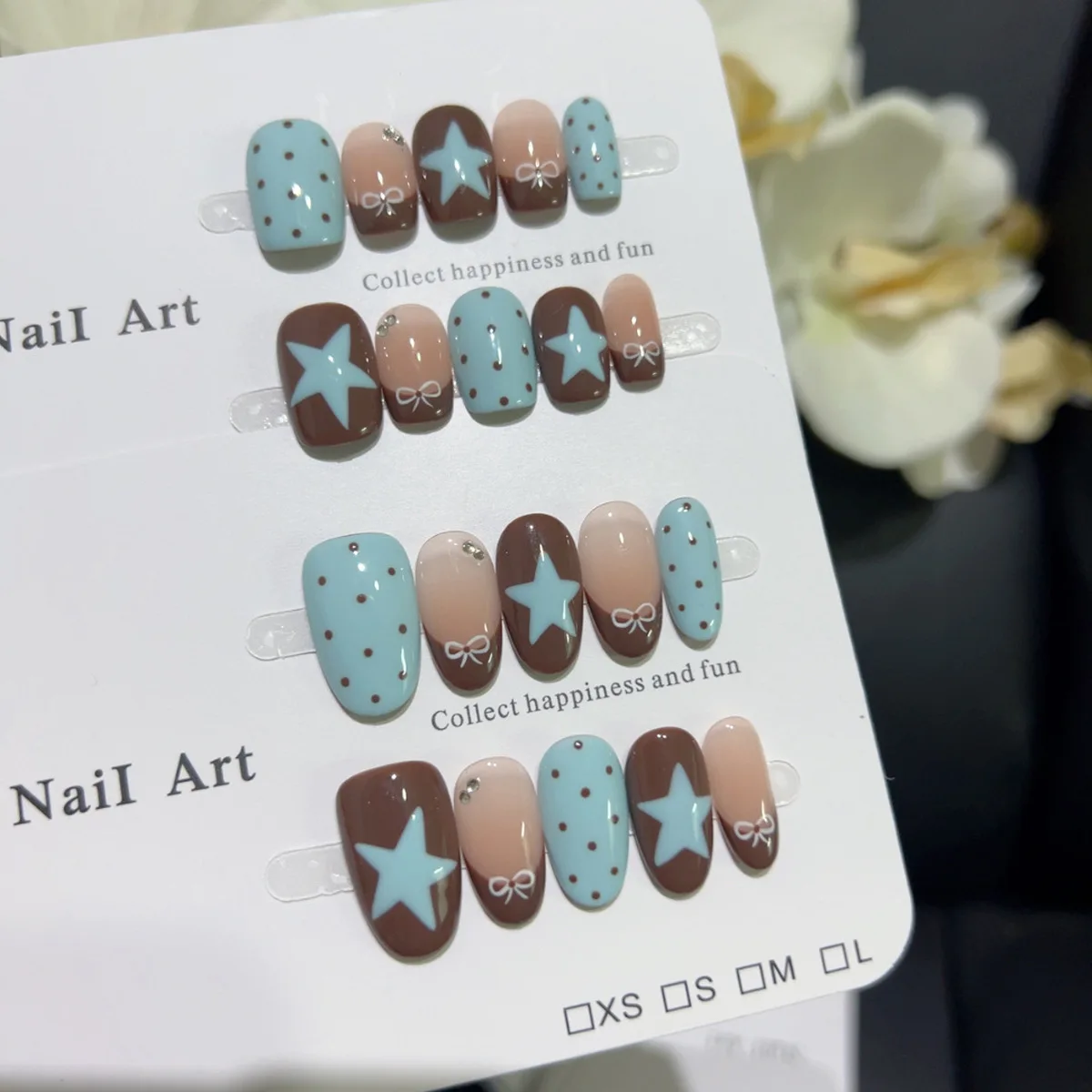 10 pçs artesanal francês curto imprensa em unhas azul marrom bolinhas arco estrela design unhas falsas wearable dicas de arte do prego para meninas