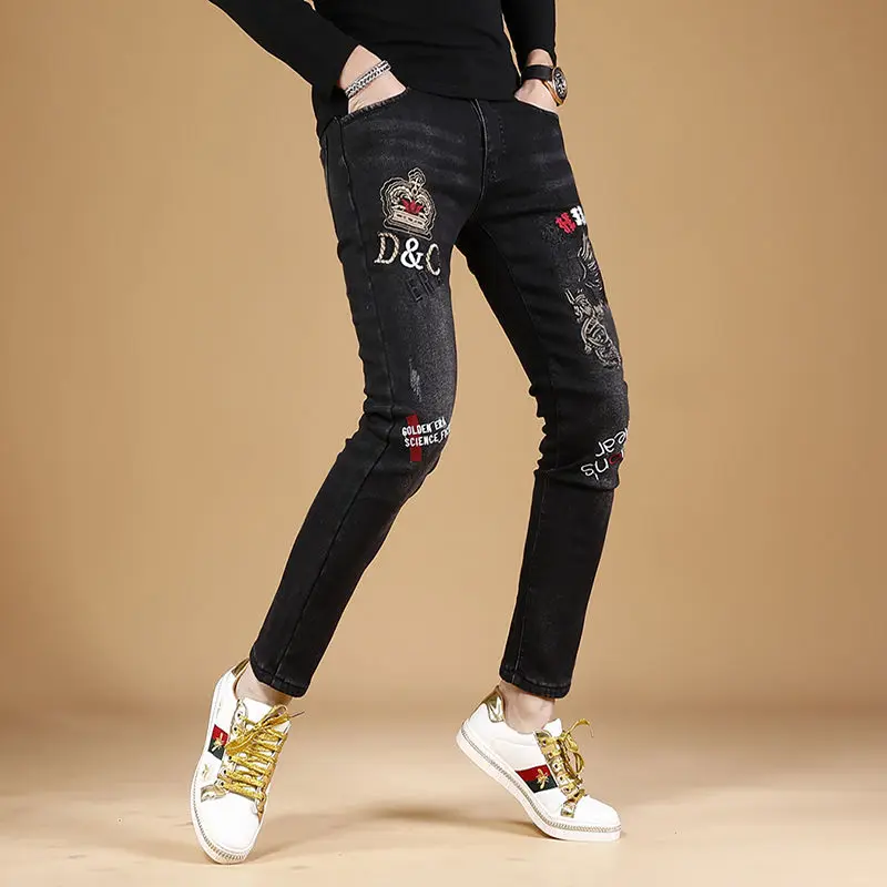 High Quality Mens Scratches Stretch Denim Pants,Classic Embroidery Decors Jeans,Slim-fit Korea Version Casual Jeans,Street Jeans