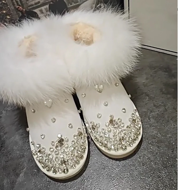 

Rhinestone Faux Fox Fur Slip-On Snow Boots Woman Winter 2026 White Thick Warm Non-Slip Ankle Bootsfashion Short Boots