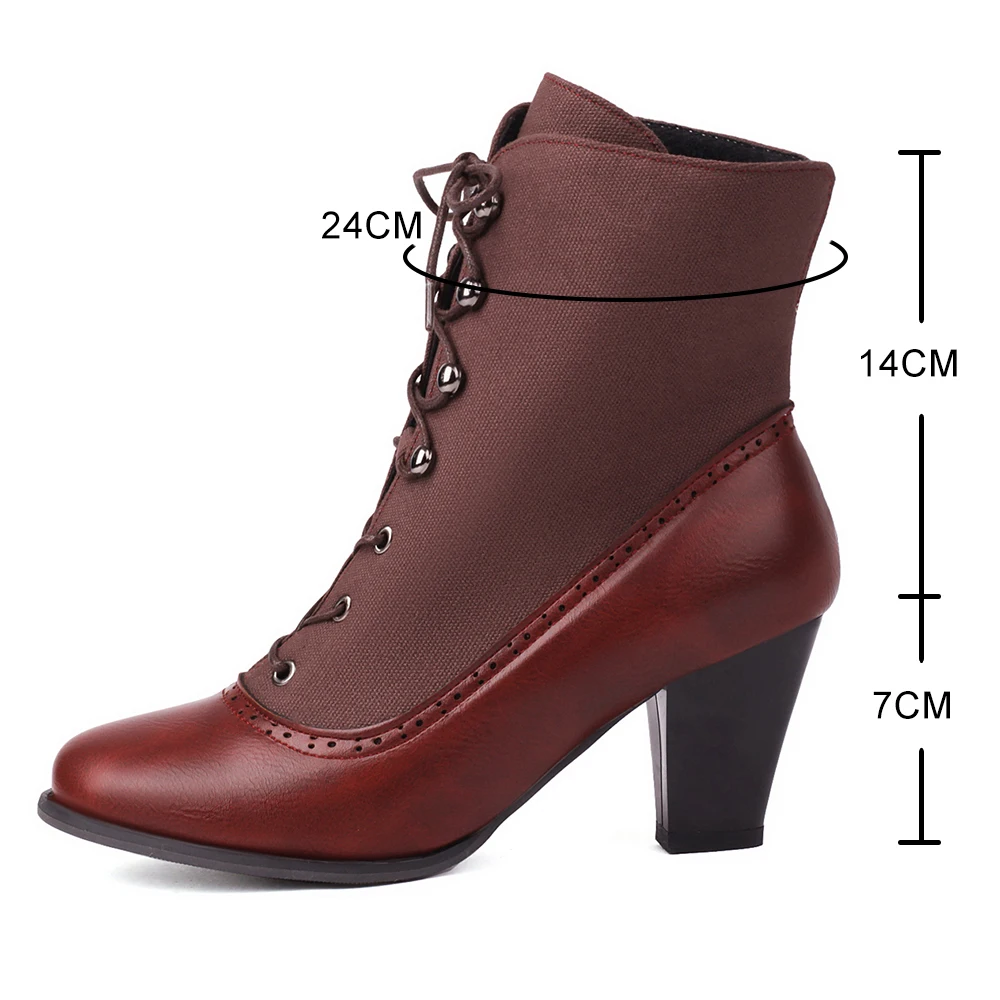 2024 New Women Victorian Round Toe Ankle Boots Winter Lace Stitching Punk Lace Up Tapered High Heels Feminimo Shoes Size 44 45