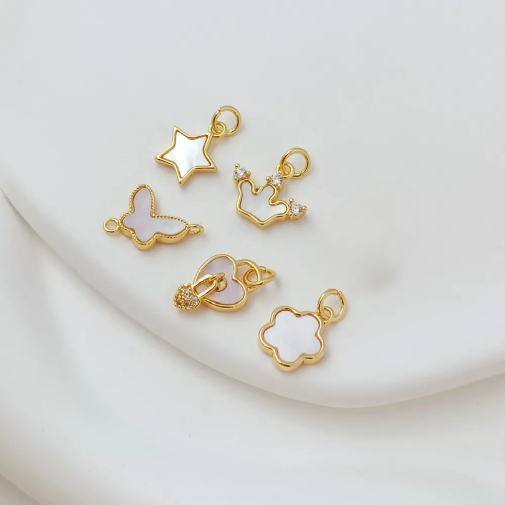 14K Copper Plated with Real Gold, Inlaid with Zircon and Shell, Five-leaf Flower Five-pointed Star Crown Heart Butterfly Pendant