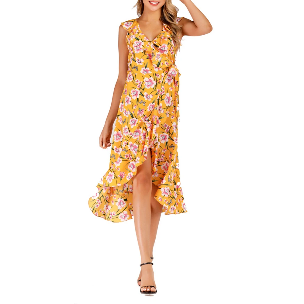 Phantasy-vestido bohemio Floral para mujer, ropa de verano informal sin mangas, con cuello de pico, color amarillo, para vacaciones