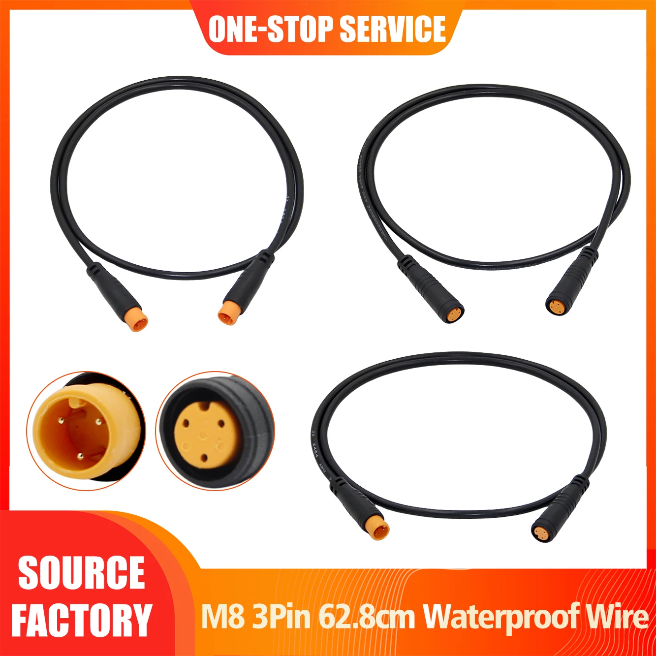 M8 62.8CM 3Pin Waterproof Connector Wire, Male to Male/Male to Female/Female to Female for E-Bike Brake Signal Sensor