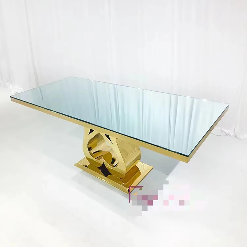 

Stainless Steel Table with Chairs Luxury Furniture Golden Metal Round Clear Glass Top Wedding Banquet, Dining Room