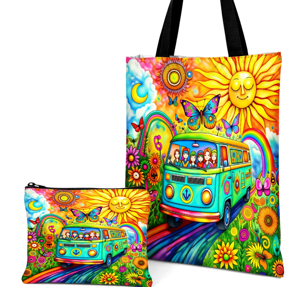 Colorful Hippie Van Handbag Multicolor Pattern Tote Bags And Makeup Bag Combination For Women Travel Daily Use Shoulder Bag view 2
