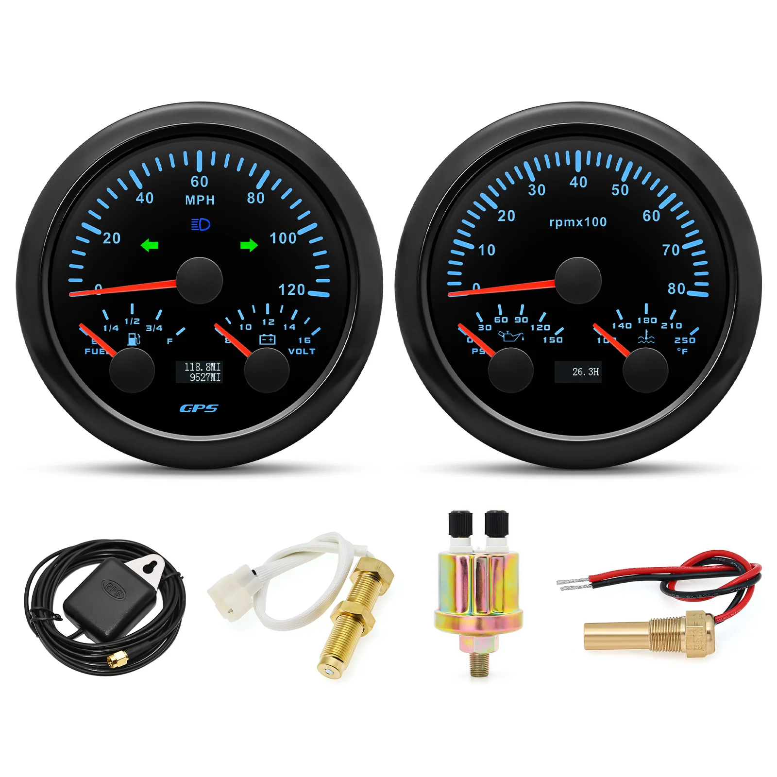 

2 Gauge Set 7 Color LED 85mm GPS Speedometer Gauge Tachometer Fuel Level Gauge Water Temp Oil Pressure Meter Voltage 12V24V