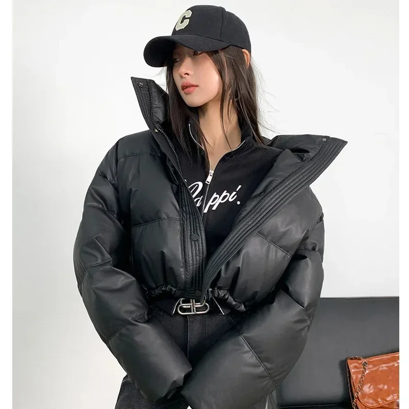 American Biker Women Pu Puffy Coat Winter Retro Cropped Parkas Casual Thick Warm Lady Long Sleeve Loose Cotton Down Coats