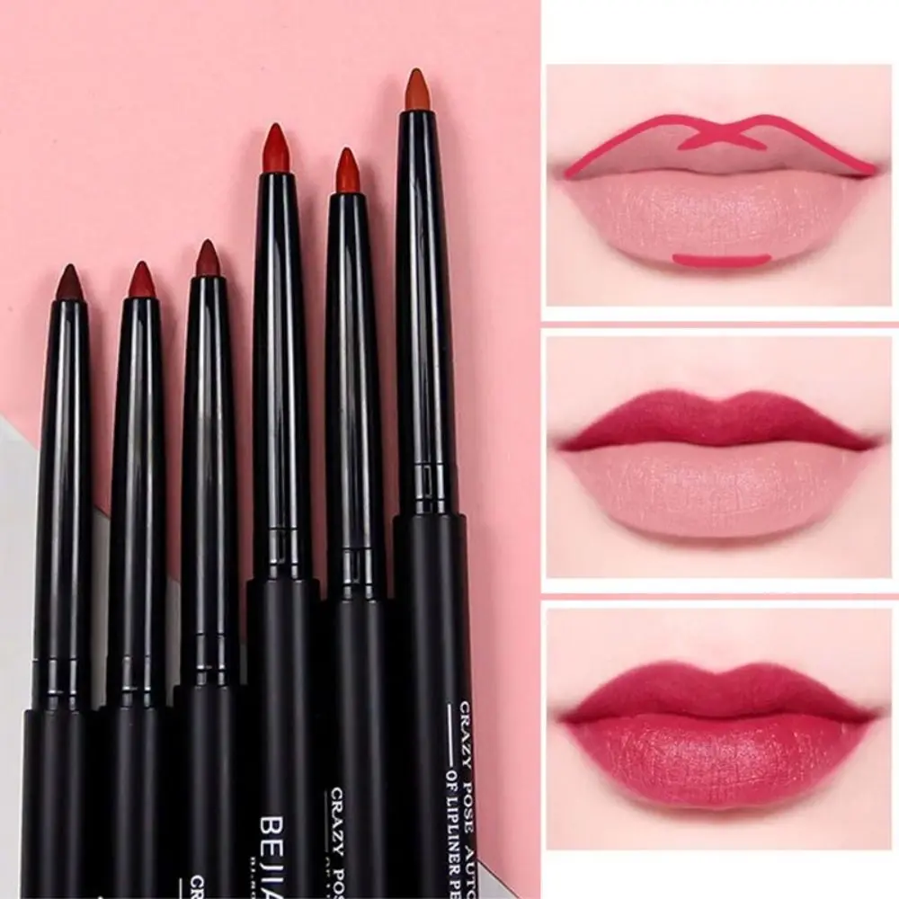 6 Colors Velvet Lipliner Pencil Cosmetics with Sharpener Automatic Rotary Lip Liner Long Lasting Pink Red Brown