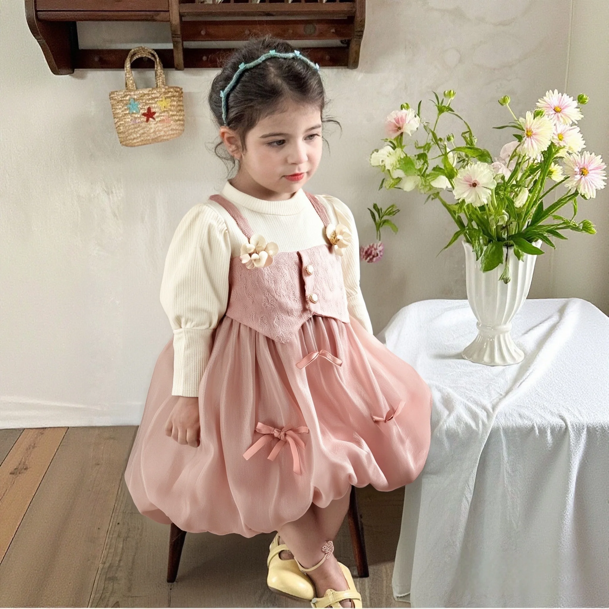 Baby Girl Dress Spring And Autumn Bow And Flower Pattern Baby Girl Dress With Fluffy Skirt Long Sleeved Sweet Princess Dress
